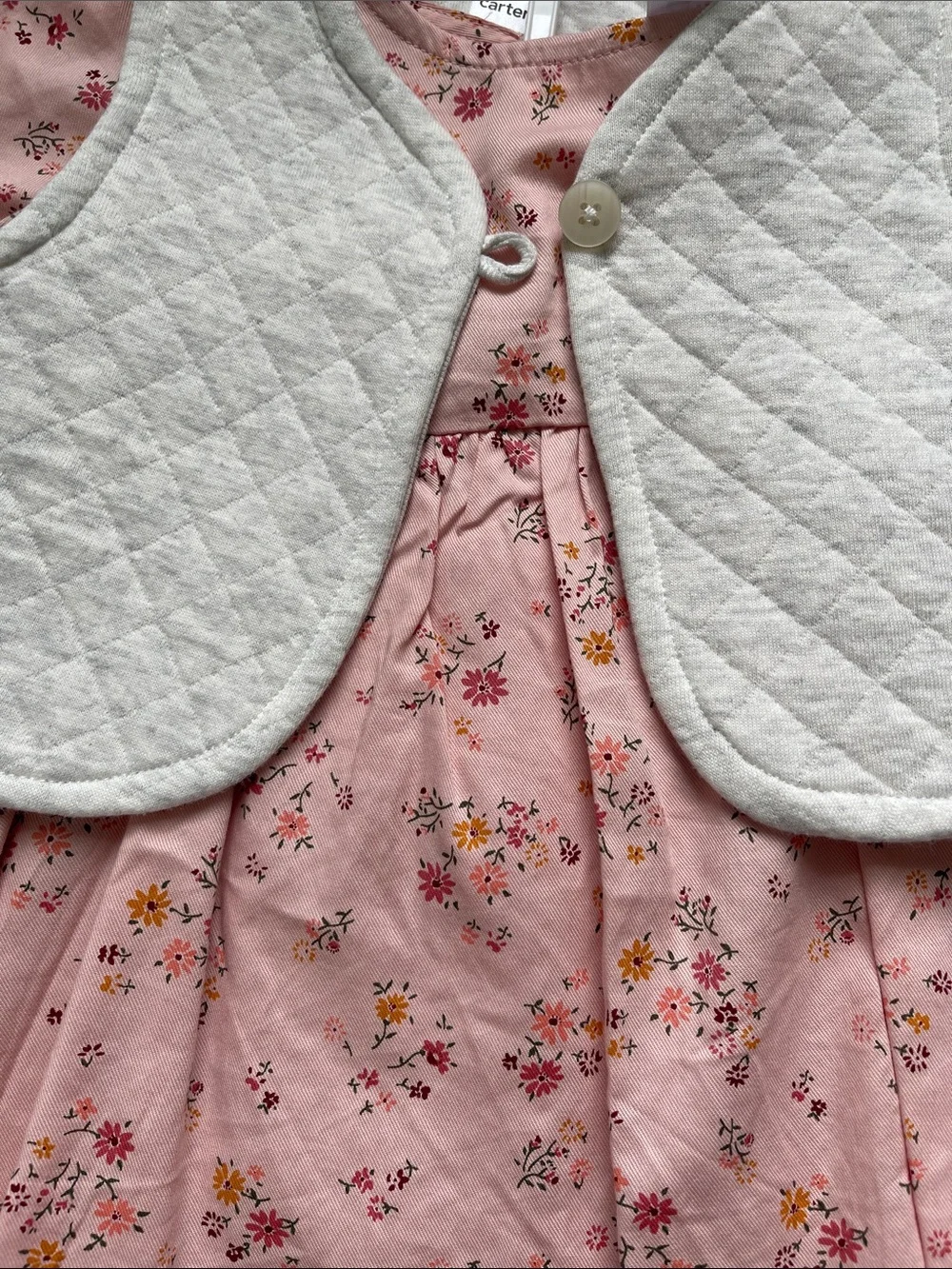 Carter's Pink Floral Dress with Cream Quilted Vest - Girls